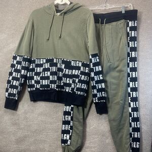 True Religion Hoodie Jogger Set Womens S Olive Logo Streetwear Athleisure Lounge